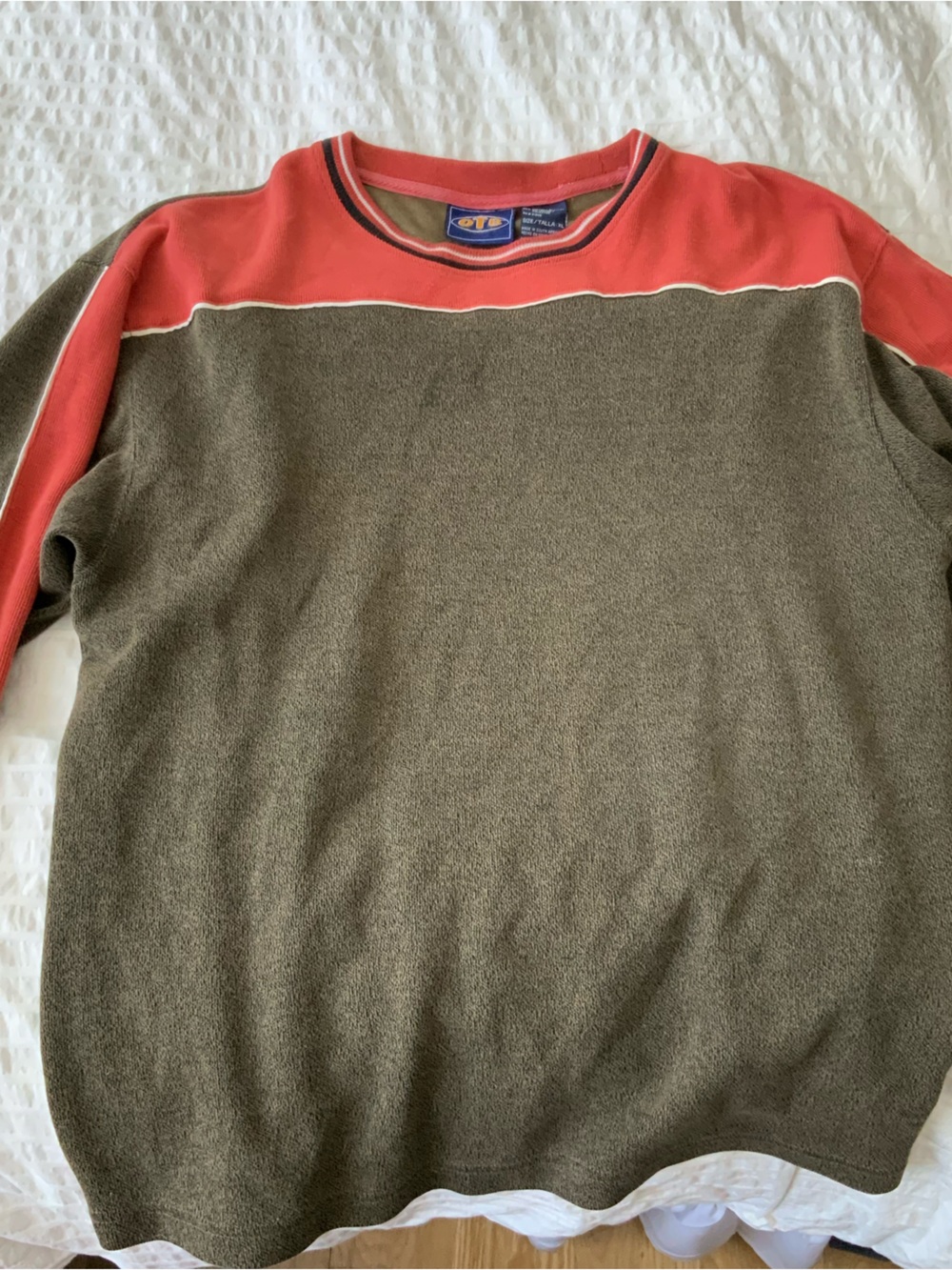 Olive Green Sweater with Coral Shoulder Panels